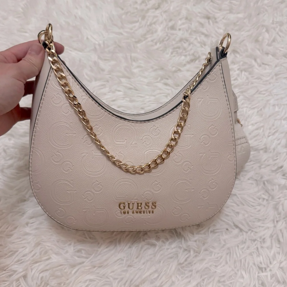 NWOT Guess Cream Crescent Shoulder Bag with Silver Hardware